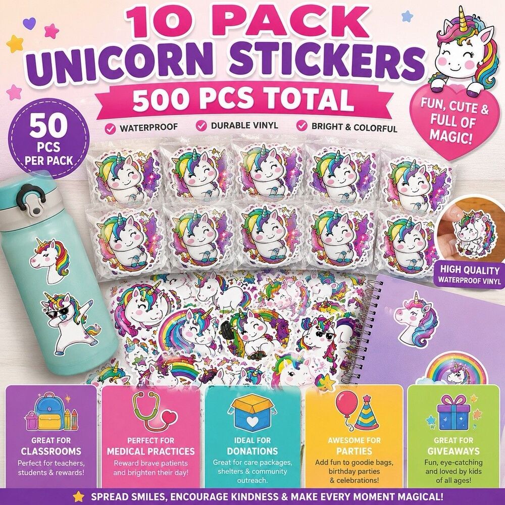10 Pack Unicorn Stickers 500 PCS Bulk Waterproof Vinyl Decals Kids Reward Gift